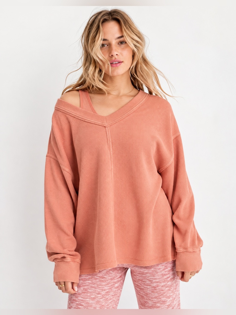 Aerie Wonder Textured V-Neck Peach Waffle Knit Oversized Sweatshirt S